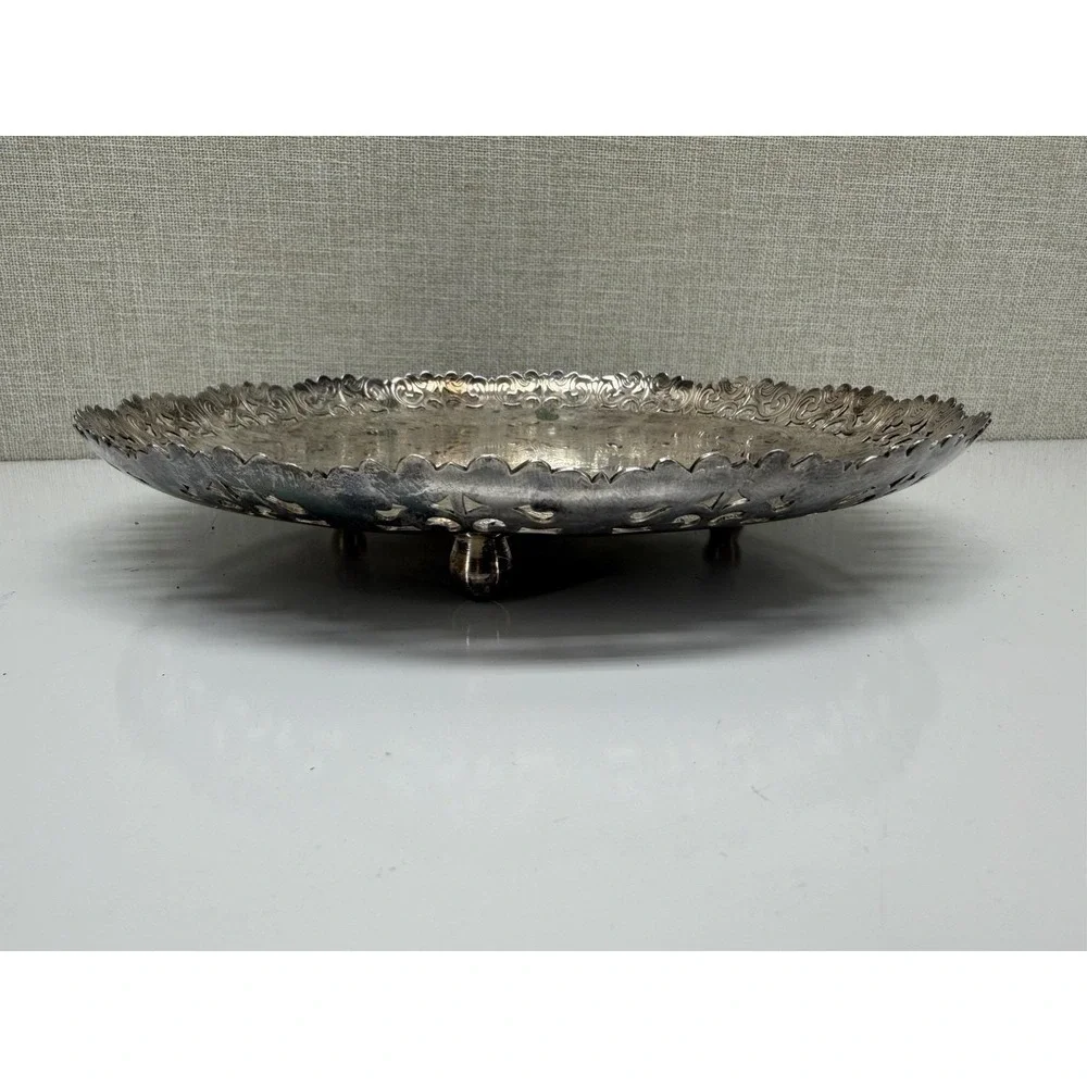 Vintage Toledo Argentina Silver Plated Round Serving Tray Footed Ornate 9